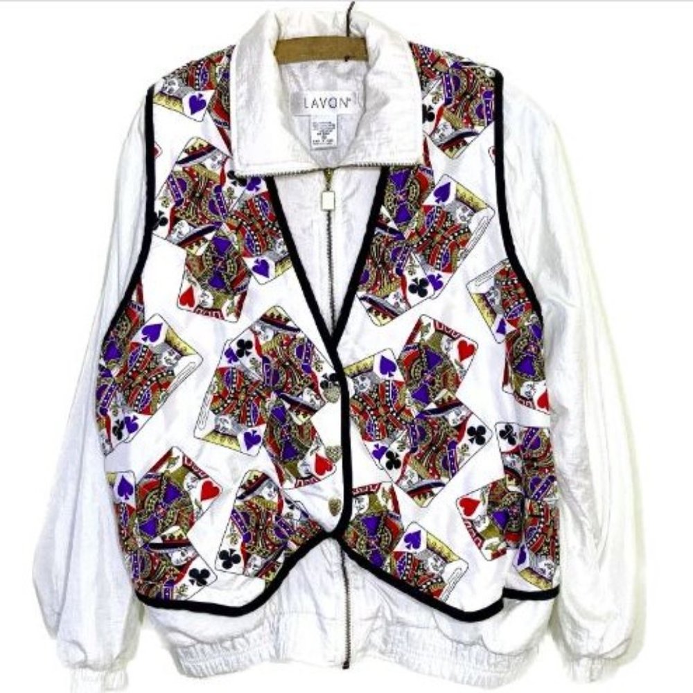 Vintage Track Suit Jacket Lavon Poker Deck of Cards Black Jack White Size Medium